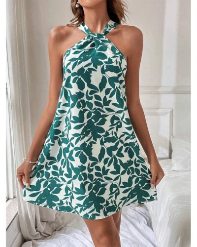 Women Pastoral Print Off Shoulder Mini Dress Summer Sling Dress