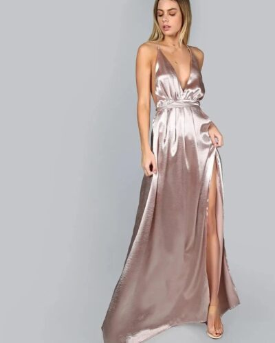 Cross Back Satin Maxi Slip Dress High Split Evening Dress