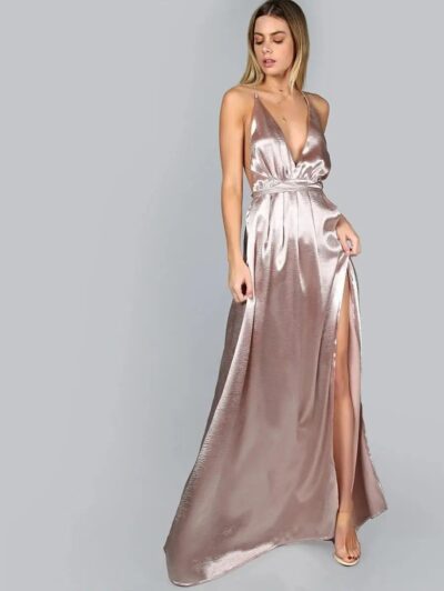 Cross Back Satin Maxi Slip Dress High Split Evening Dress