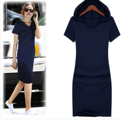 Plus Size Hooded Cotton Dress Women Summer Knee Length Casual Dress