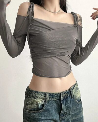 Women’s Y2K Streetwear Slash Neck Off-Shoulder Long Sleeve Mesh Crop Top – Slim Fit Straps Tee