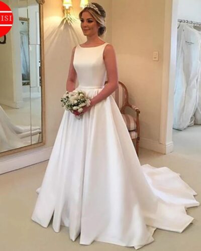 White Satin A-Line Wedding Dress | Scoop Neck Backless Sweep Train Simple Bridal Gown