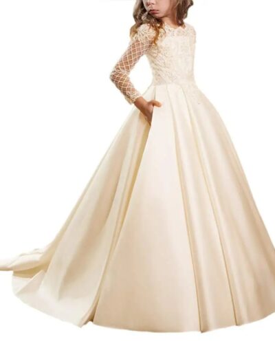 Long Sleeve Children Wedding Dress | Satin Lace Princess First Holy Communion Party Dress for Girls 3–12 Years