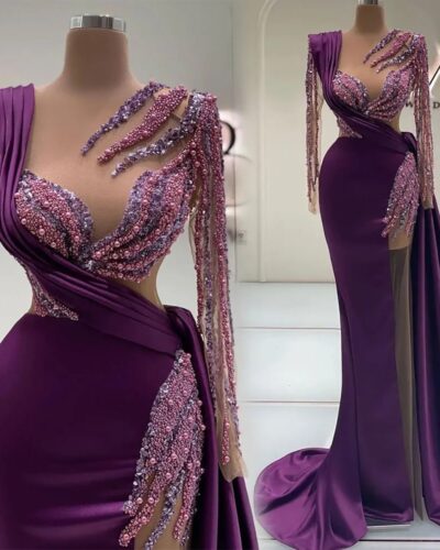 Purple Prom Party Gown | Plus Size Beaded Crystal Satin Sequin Long Sleeve O-Neck Formal Evening Dress