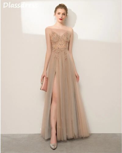 Champagne A-Line Evening Dress | Spaghetti Strap Beaded Sequin Illusion Top Split Floor-Length Prom Gown