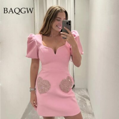 Pink Embroidered Mini Dress Women Square Neck Puff Sleeve Zipper Dress