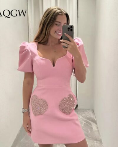 Pink Embroidered Mini Dress Women Square Neck Puff Sleeve Zipper Dress