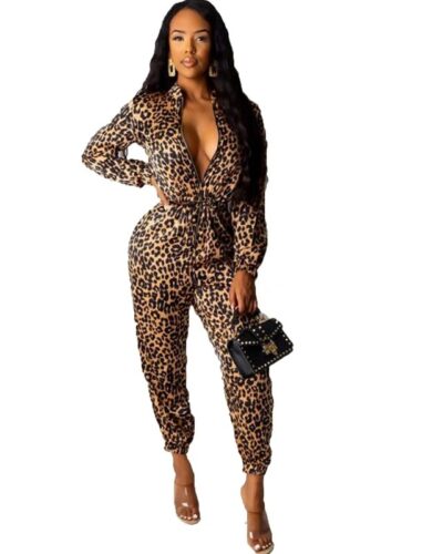 Leopard Print Jumpsuit Women Bodycon Long Sleeve High Waist Romper