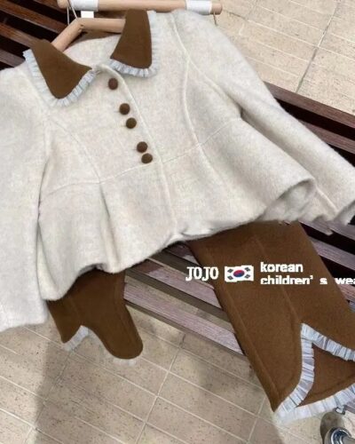 Kids Cotton Outfit Set Turn Down Collar Top Elastic Waist Pants