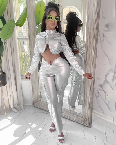 Y2K Women Two Piece Shiny Silver PU Leather Zipper Cropped Jacket Straight Pants Set