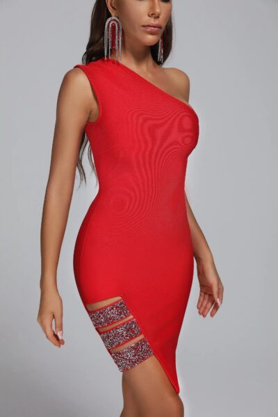One Shoulder Red Bandage Dress – Women’s Sleeveless Party Clubwear