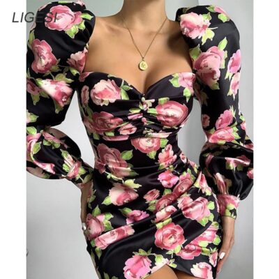 Vintage Floral Bodycon Dress for Women | Puff Sleeve Off-Shoulder Elegant Party & Club Wear
