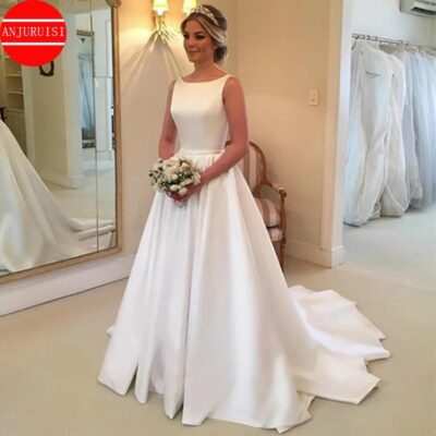 White Satin A-Line Wedding Dress – Scoop Neck Backless Bridal Gown with Sweep Train