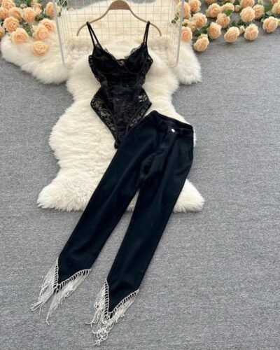 Women Lace Suspender Vest Two Piece Set High Waist Tassel Trousers