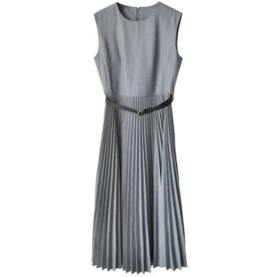 Women Summer Slim Waist Pleated Dress | Elegant Gray Sleeveless Tank Dress with Back Zipper