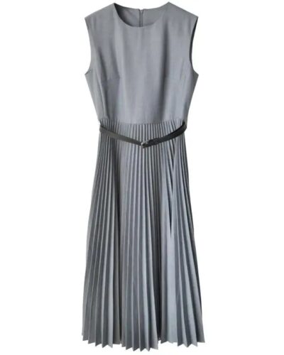 Women Summer Slim Waist Pleated Dress | Elegant Gray Sleeveless Tank Dress with Back Zipper