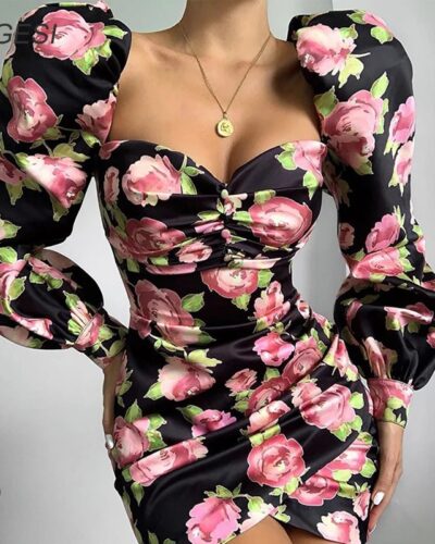 Floral Vintage Off Shoulder Bodycon Dress Puff Sleeve Party Mini