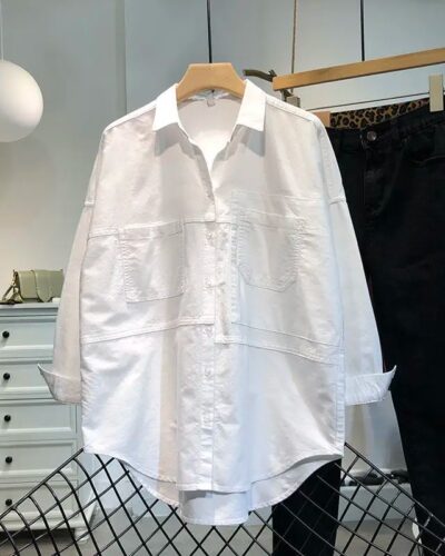 Oversized Cotton Button-Up Shirt for Women – Korean Style Pocket Blouse