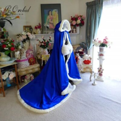 Long Satin Wedding Cape Hooded Faux Fur Bridal Cloak