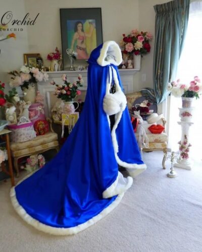 Long Satin Wedding Cape Hooded Faux Fur Bridal Cloak