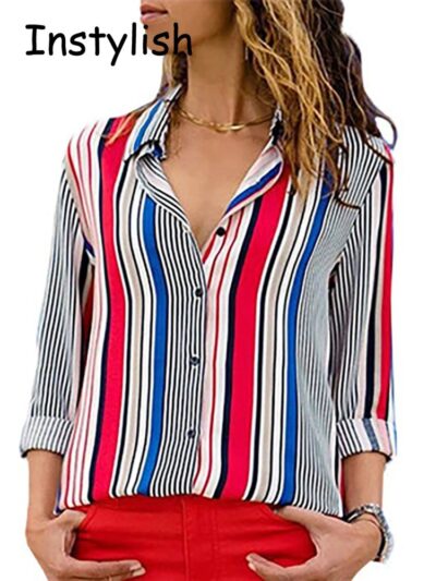 Office Lady Long Sleeve Striped Lapel Chiffon Blouse – Elegant Loose Chic Women Tunic