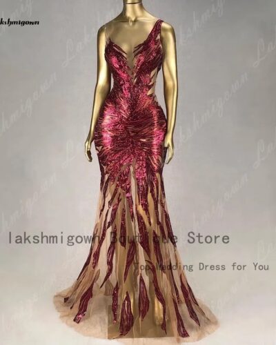 Burgundy Sequin Lace Mermaid Prom Dress Backless Gown