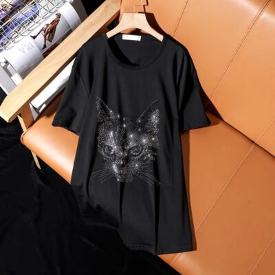 Women Casual Cat Print T-Shirt Summer Loose Short Sleeve Round Neck Graphic Tee Hot Diamond Fashion Top