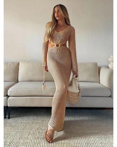 2024 Knitted Beach Cover-Up Dress | Sexy See-Through Maxi Slit Hollow-Out Summer Bikini Cover-Up