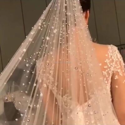 Beaded Cathedral Bridal Veil One Layer Tulle Wedding Veil with Comb White Ivory