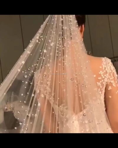 Beaded Cathedral Bridal Veil One Layer Tulle Wedding Veil with Comb White Ivory
