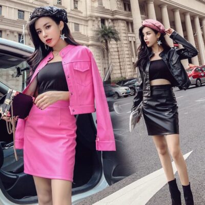 2 Pieces Women Leather Set Sexy Slim Jacket Skirt Long Sleeve Button Coat High Waist Streetwear Outfit