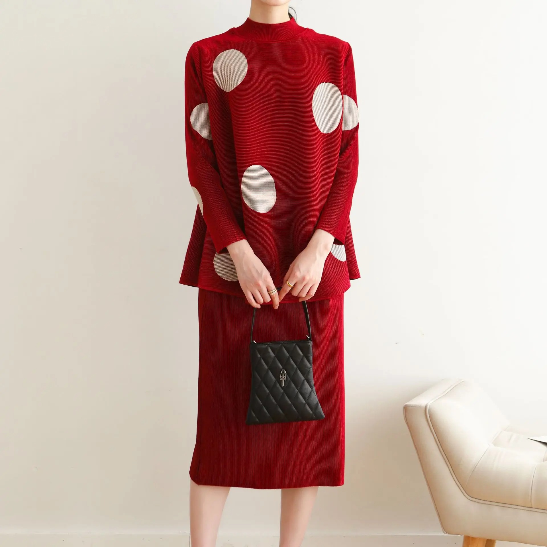 Women High Neck T Shirt Pencil Skirt Miyake Pleated Polka Dot Two Piece Set - Image 3