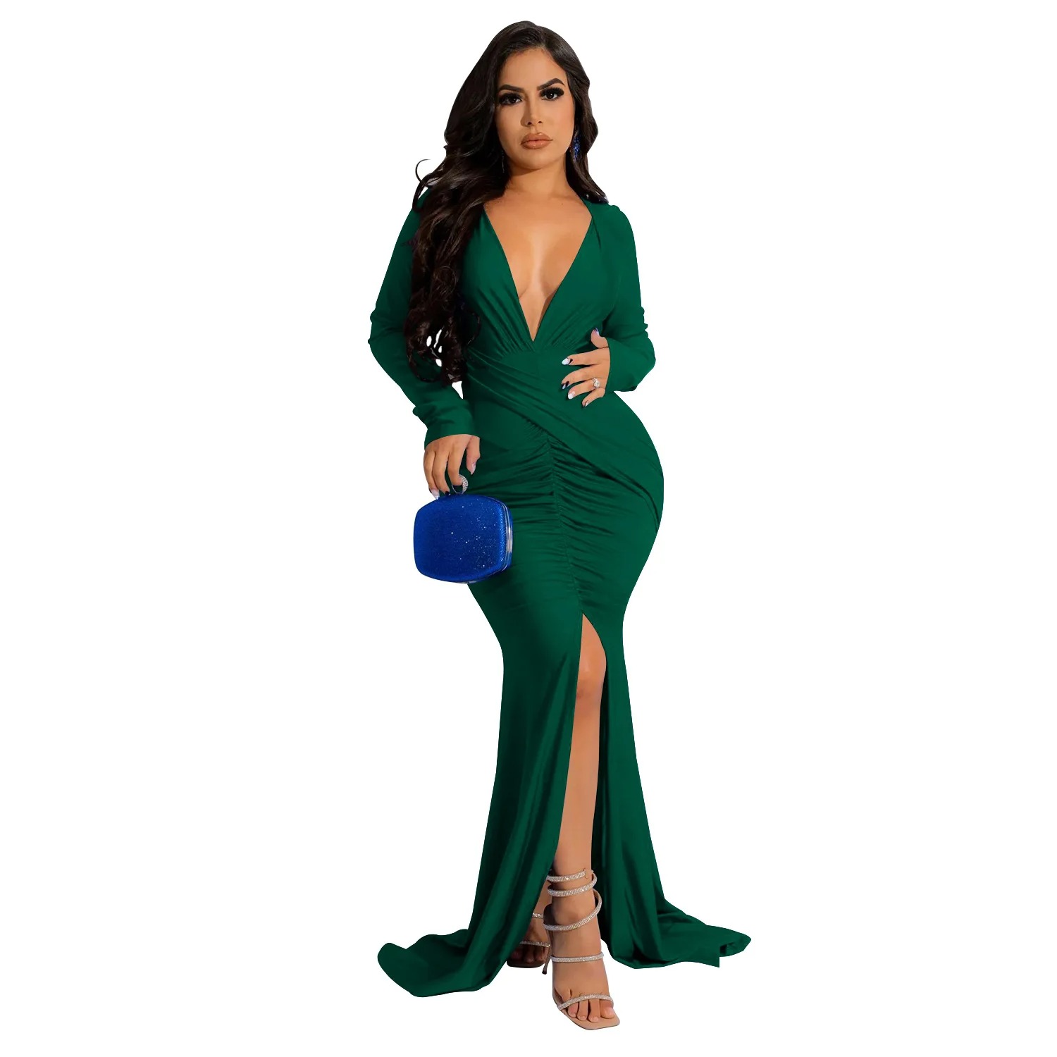 QILI- Full Sleeve Deep V Neck Dress for Women, Front Split, Floor-lenght, Monochrome Folds, Elegant Lady Wear, Evening Party - Image 6