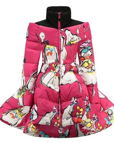 Kids’ Printed Long Down Coat – Winter Stand Collar Jacket with Waist Bow (Children’s Outerwear)