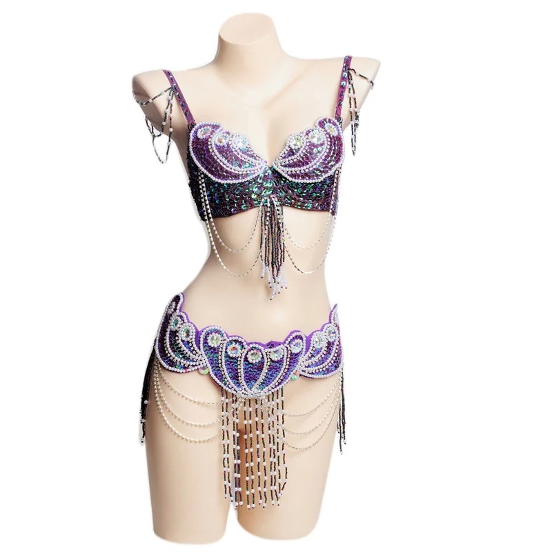 Women Beaded Belly Dance Costume Set Oriental Bra & Belt Carnival Outfit - Image 4