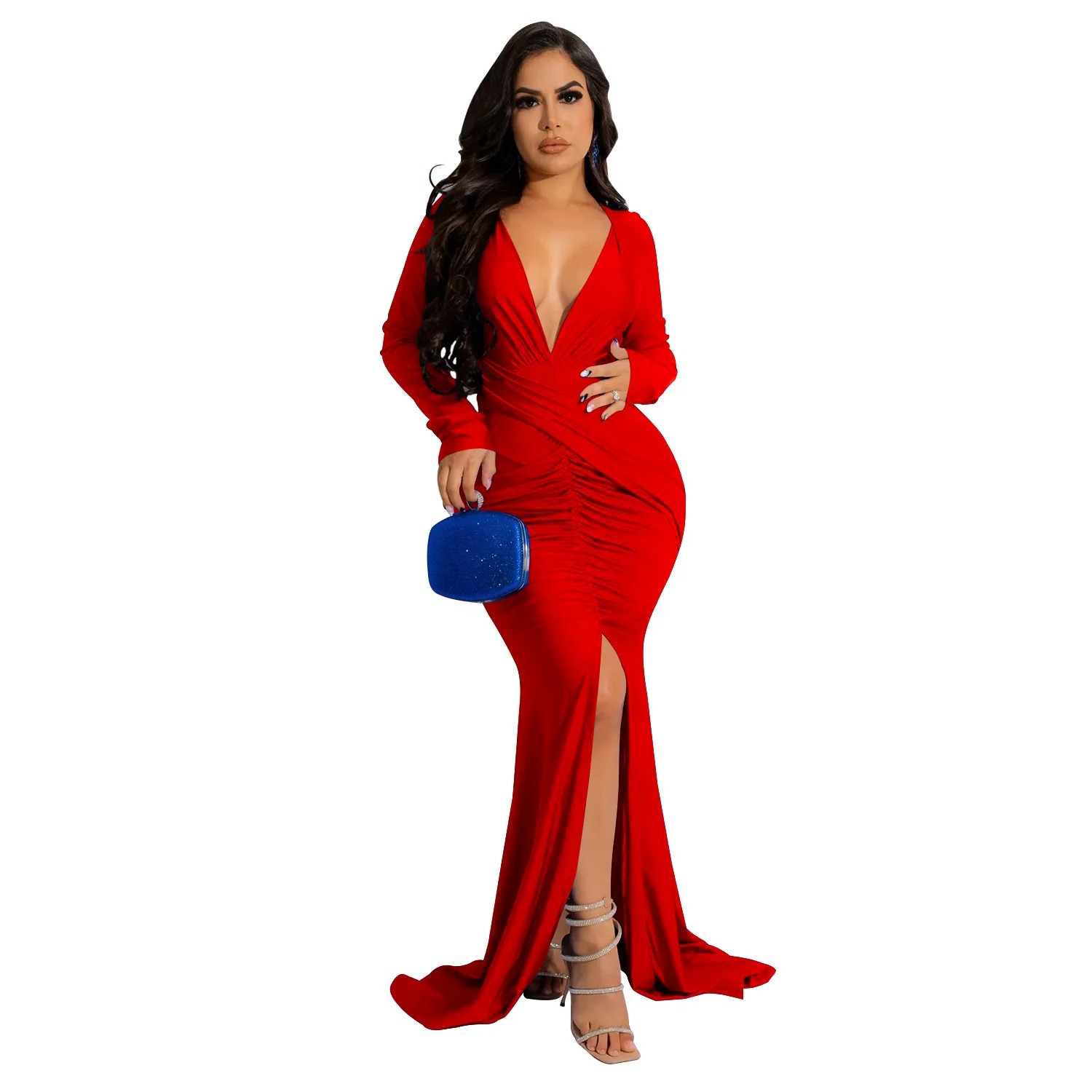 QILI- Full Sleeve Deep V Neck Dress for Women, Front Split, Floor-lenght, Monochrome Folds, Elegant Lady Wear, Evening Party - Image 4