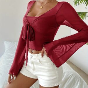 Summer Women's Y2K Floral V-Neck Mesh Top – Lace-Up Flare Sleeve Beach Party Shirt