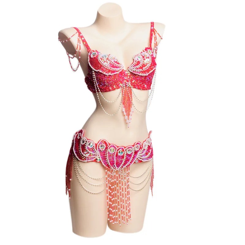 Women Beaded Belly Dance Costume Set Oriental Bra & Belt Carnival Outfit - Image 5