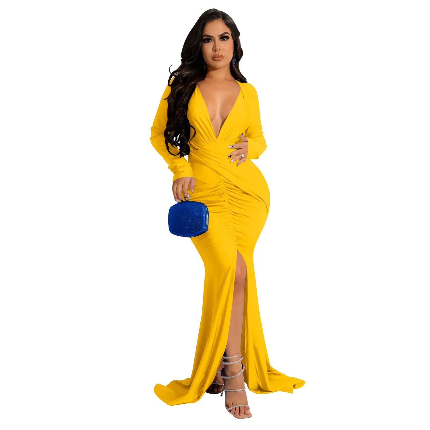 QILI- Full Sleeve Deep V Neck Dress for Women, Front Split, Floor-lenght, Monochrome Folds, Elegant Lady Wear, Evening Party - Image 3