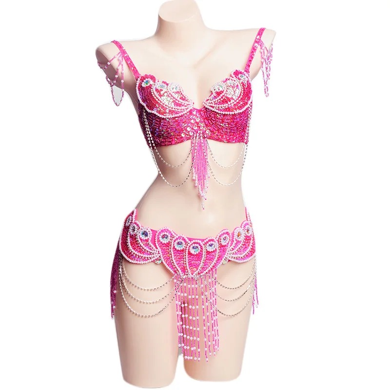 Women Beaded Belly Dance Costume Set Oriental Bra & Belt Carnival Outfit - Image 3