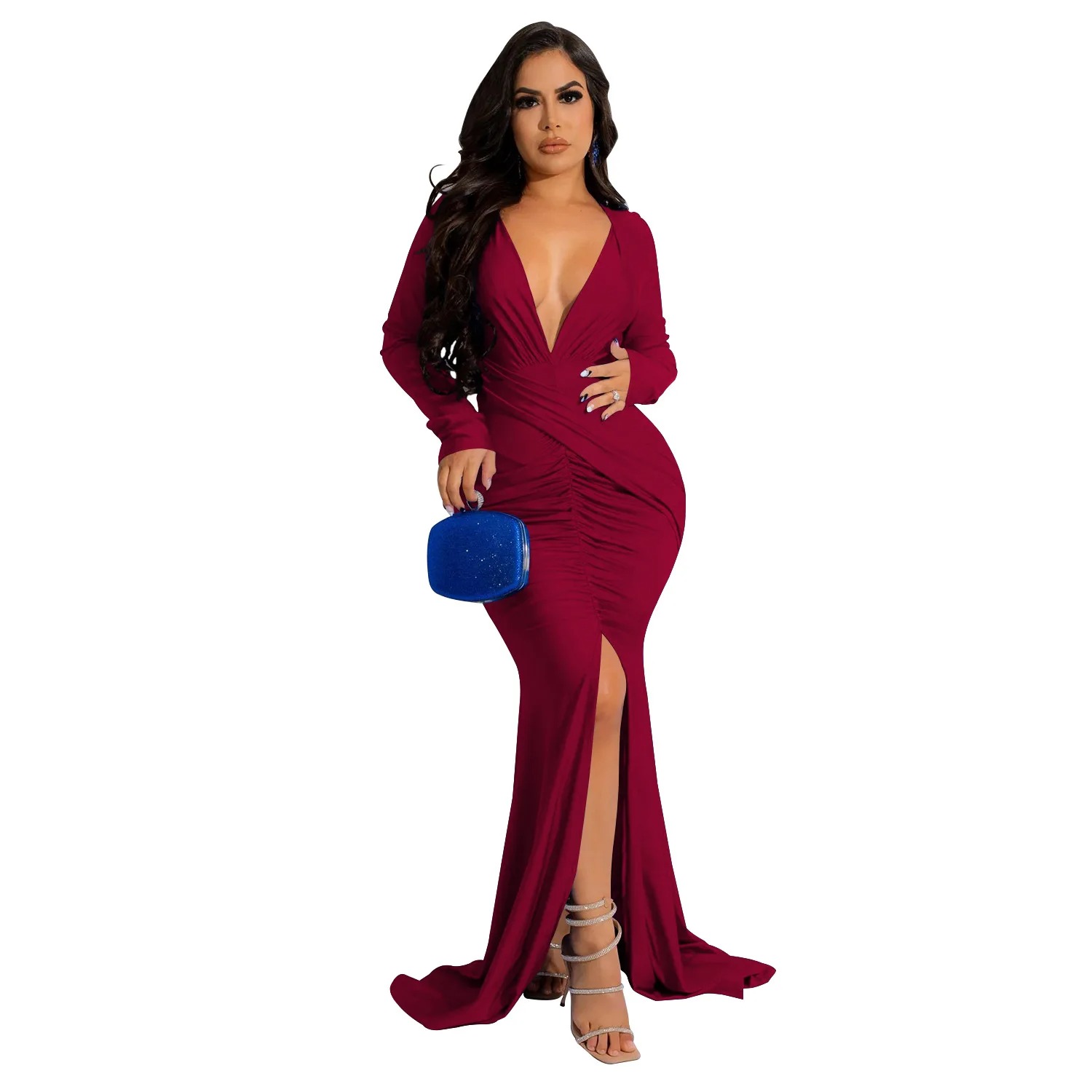 QILI- Full Sleeve Deep V Neck Dress for Women, Front Split, Floor-lenght, Monochrome Folds, Elegant Lady Wear, Evening Party - Image 2