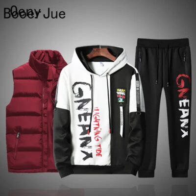Men’s 3-Piece Tracksuit Set – Vest, Sweatshirt & Sweatpants Patchwork Sportswear