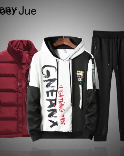 Men’s 3-Piece Tracksuit Set – Vest, Sweatshirt & Sweatpants Patchwork Sportswear