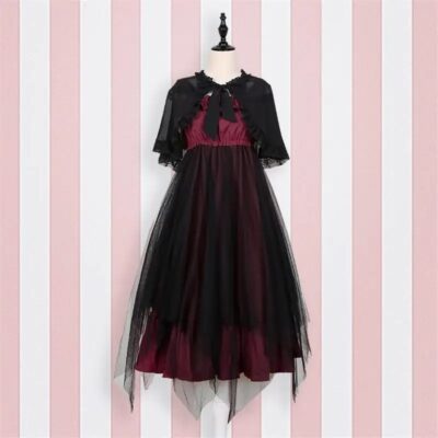 JSK Gothic Lolita Strap Long Dress Black Veil Japanese Shawl Girdle Women Cosplay Costume