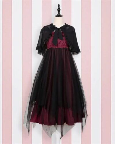 JSK Gothic Lolita Strap Long Dress Black Veil Japanese Shawl Girdle Women Cosplay Costume