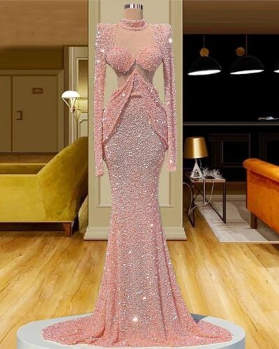 Dubai Pink Luxury Beaded Evening Dress | High Neck Long Sleeve Mermaid Sweet 15 & 16 Prom Birthday Gown
