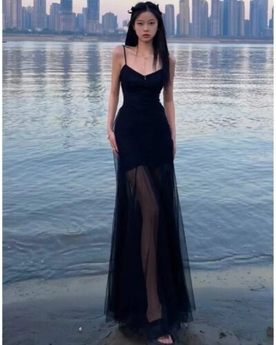 French Style Vintage Evening Dress | Spaghetti Strap Mesh Patchwork V-Neck Split Black Slim Elegant Party Dress