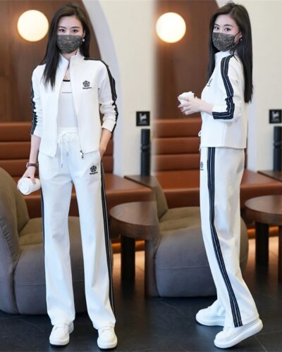 Korean Style Women Jogging Tracksuit Two Piece Wide Leg Set