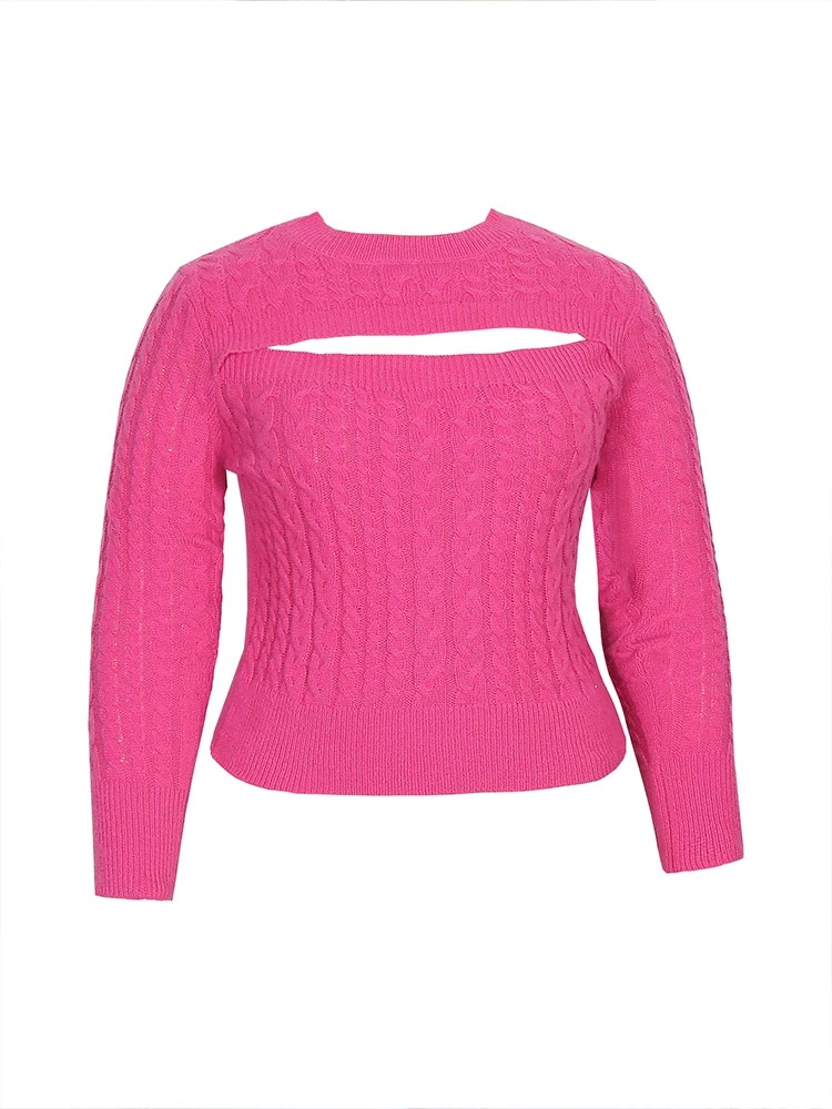 Plus Size Solid Color Cutout Knit Sweater – Slim Fit Long Sleeve Crewneck Pullover - Image 6