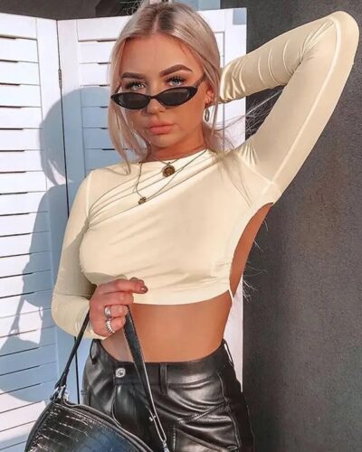 Women’s Sexy Harajuku Open Back Long Sleeve Cropped T-Shirt – Summer Casual Fashion Top